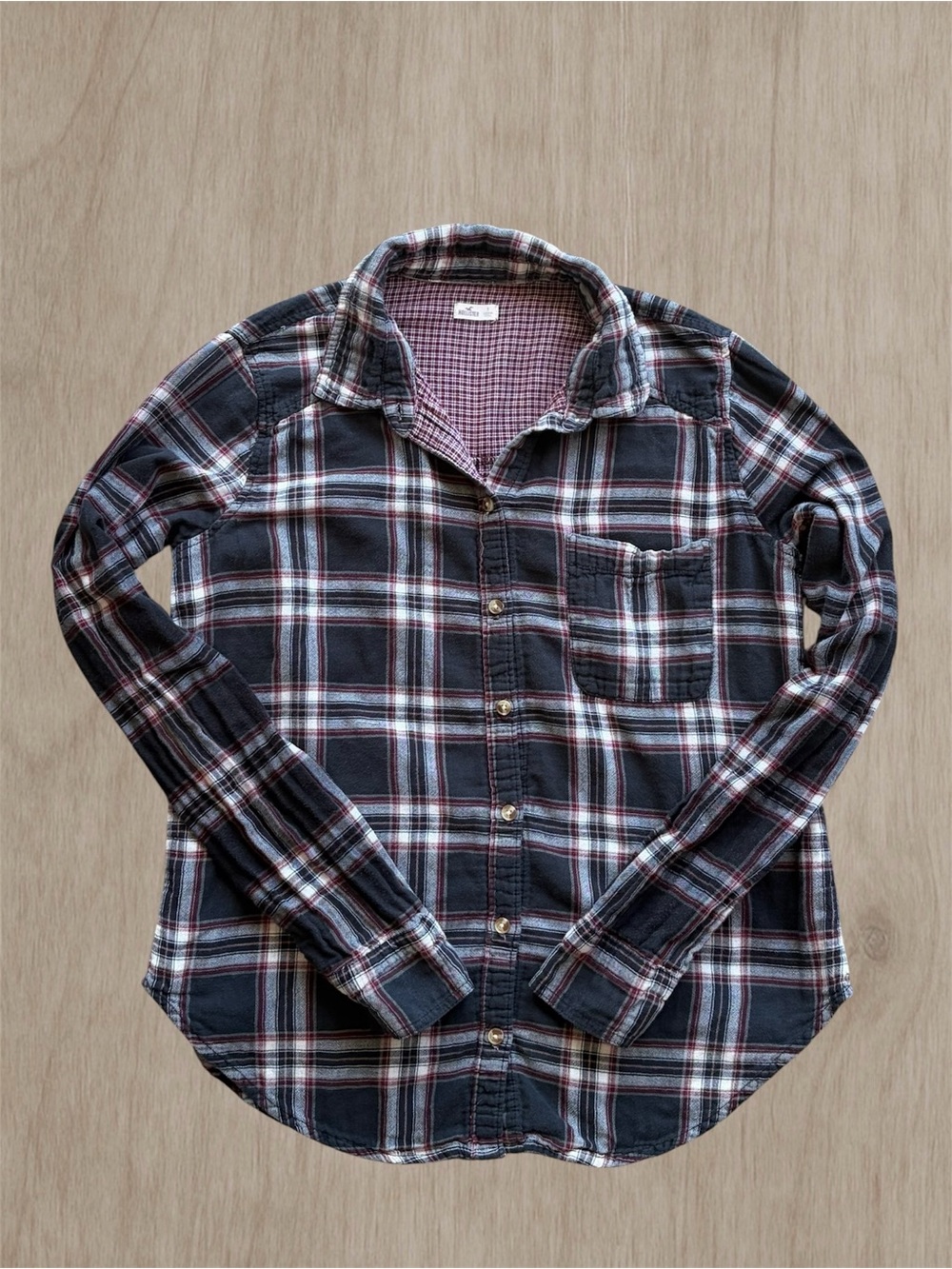 Hollister Navy Plaid Flannel Button Up Shirt, Size S
